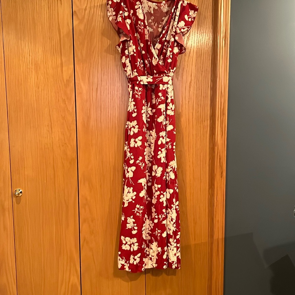 red and beige flower maxi dress